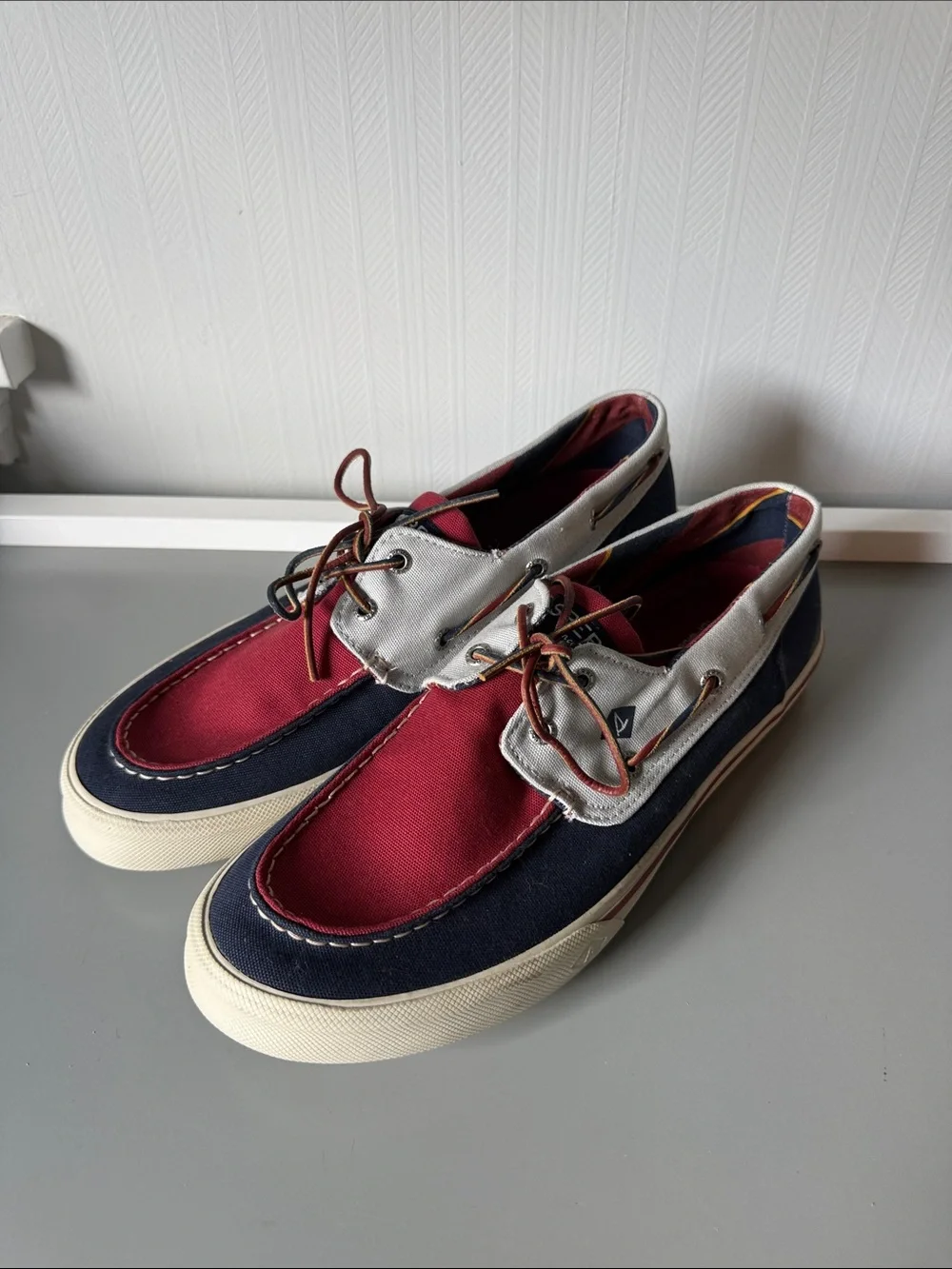Sperry Men’s Tricolor Canvas Boat Shoes — Red, Navy & White size 12